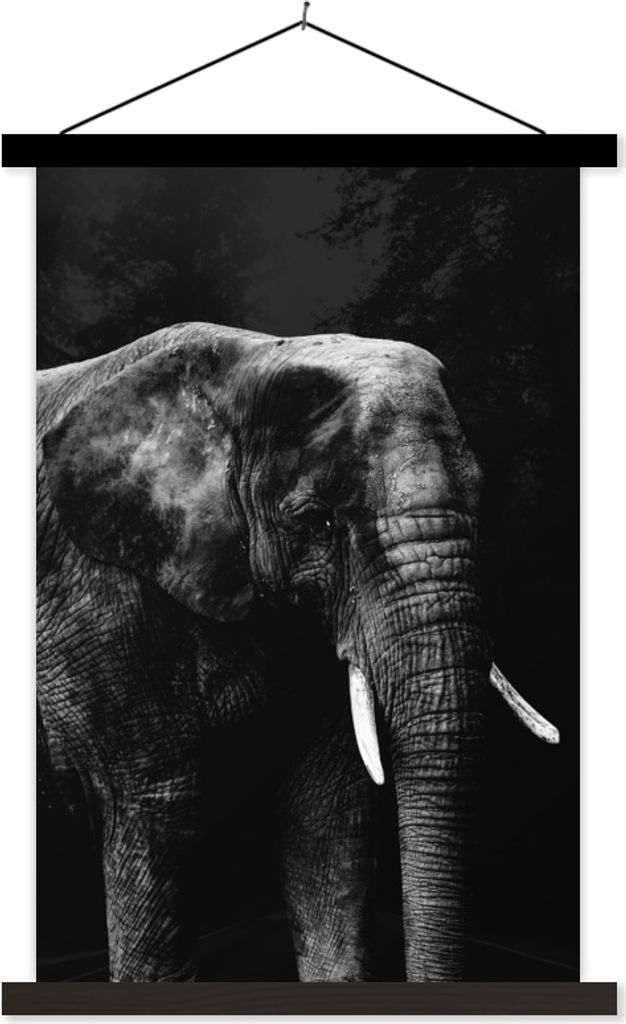 MuchoWow Textilposter Elefant auf schwarzem Hintergrund - schwarz und weiß 40x60 cm mit schwarzem Rahmen - Wanddekorationen