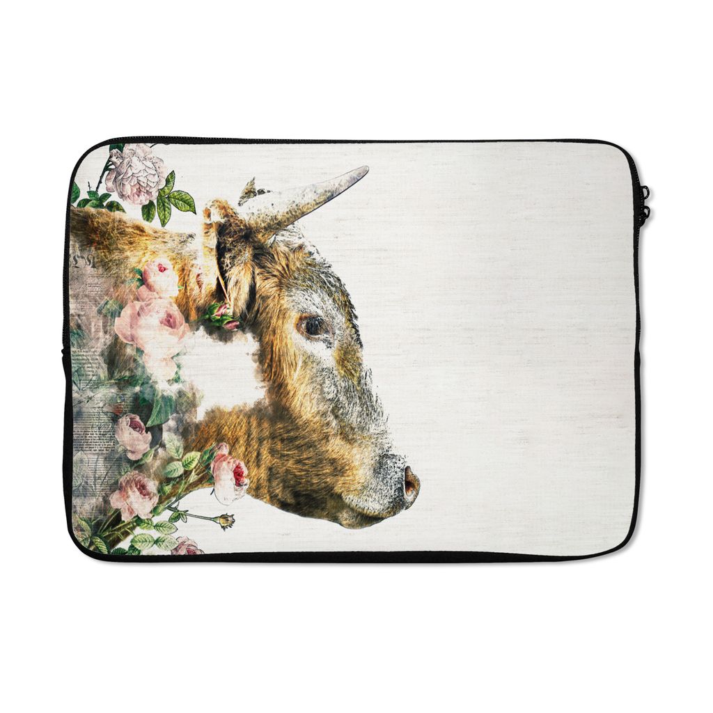 MuchoWow Laptop Hülle 14 ZollSchottischer Highlander - Kuh - Rosen - Rosa Laptoptasche - Laptoptasche - Stoßsicher - Schutzhaube