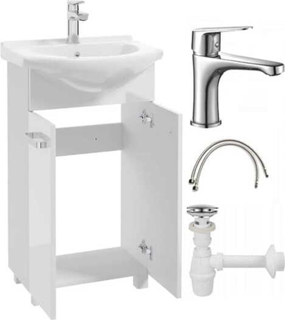 A white bathroom vanity with a sink, faucet, and plumbing accessories, laid out for display.