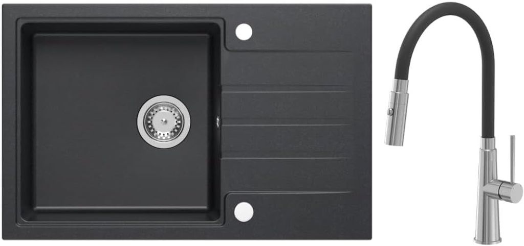 VBChome Spülbecken Granit Schwarz 78 x 50 cm Schwarze flexible Armatur Granitspülbecken Einzelbecken Einbauspüle Gesprenkelt Siphon