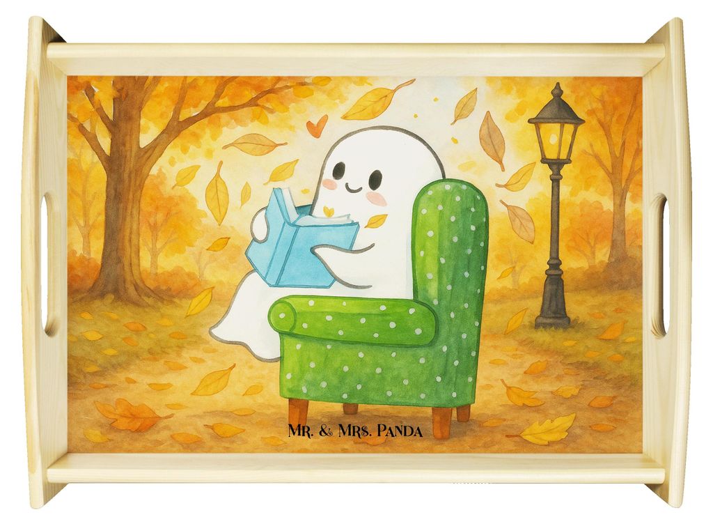 Mr. & Mrs. Panda Tablett Gespenst Buch Design - Weiß - Geschenk, Serviertablett, Deko, Gemütlich, Herbst, Sofa, holz, Dekoration, Holztablett