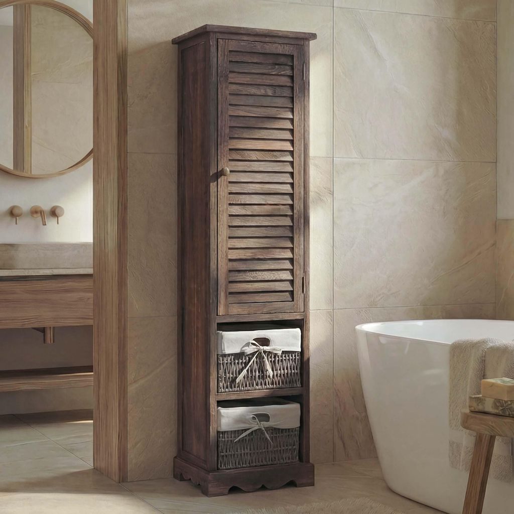Badezimmerkommode MCW-H20, Badezimmer Schrank Badschrank Badregal, 120x27x29cm Massiv-Holz shabby braun