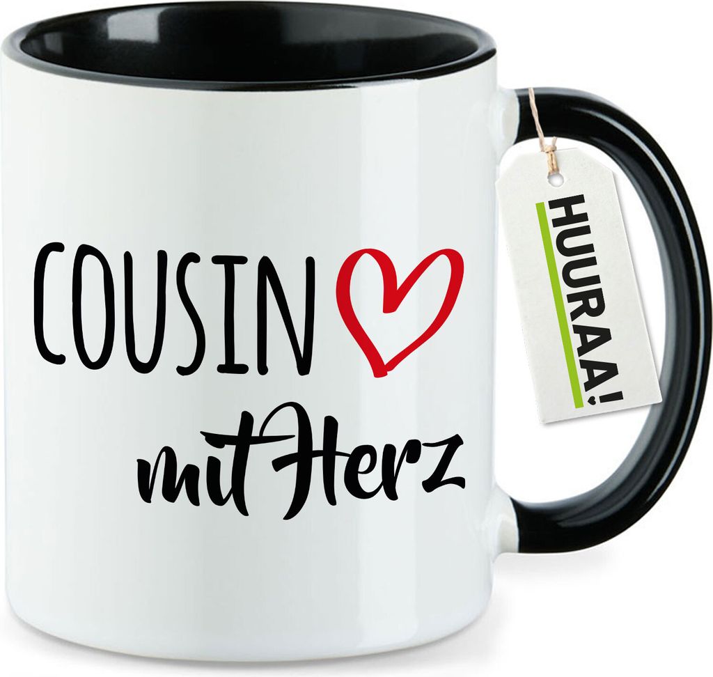 Huuraa Kaffeetasse Cousin mit Herz 330ml Schwarz Keramik Kaffeebecher Geschenkidee