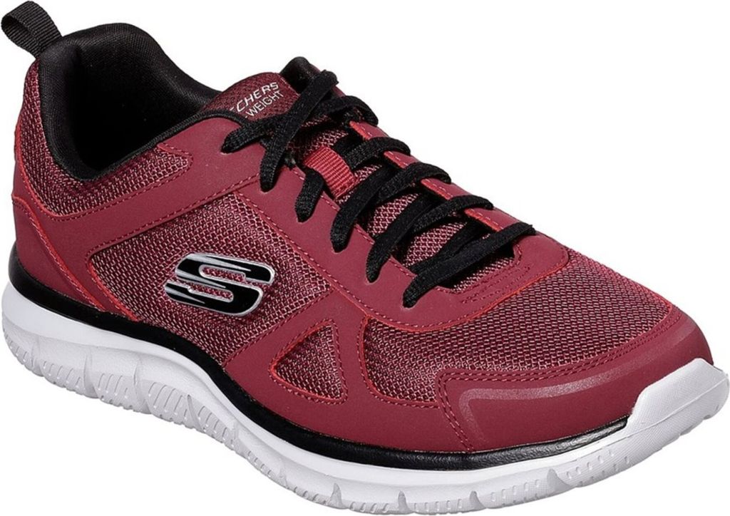 A single burgundy Skechers athletic shoe with black laces and accents, shown from a side-angle on a white background.