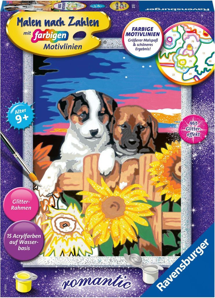 Ravensburger Malen-nach-Zahlen Welpen im Sonnenuntergang Produktbild 