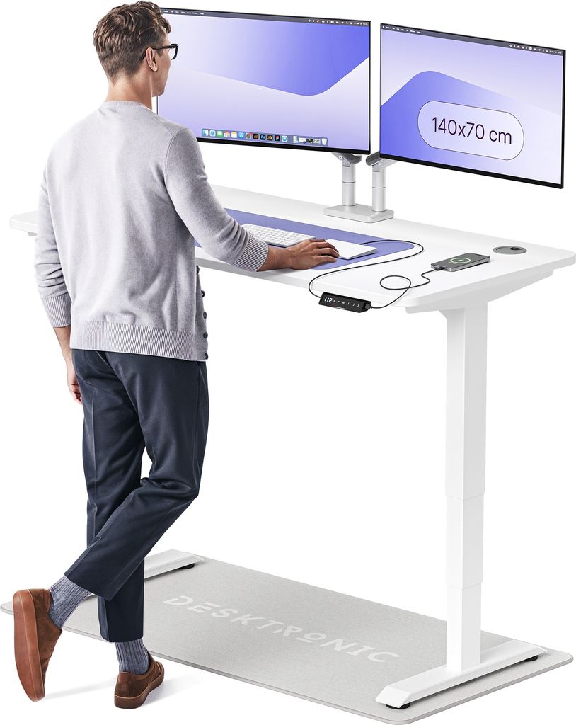 Desktronic HomePro Elektrisch höhenverstellbarer Schreibtisch 140x70cm Weiß/Weiß mit Memory-Funktion, Anti-Kollisions Technologie, USB-A und USB...