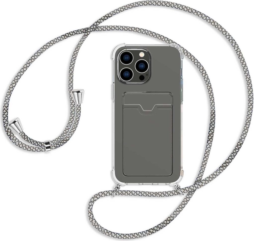 Handykette Backcover-Schutzhülle mit Band (Metall silberfarben) für Apple iPhone 14 Pro Max (6.7'') - weiß/grau kariert