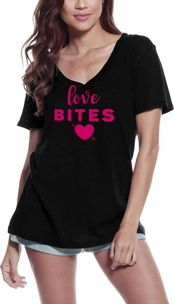 Damen Grafik T-Shirt V-Ausschnitt Liebesbisse – Love Bites – Öko-Verantwortlich Vintage Jahrgang Kurzarm Lustige Druck Geburtstag Geschenk Frau