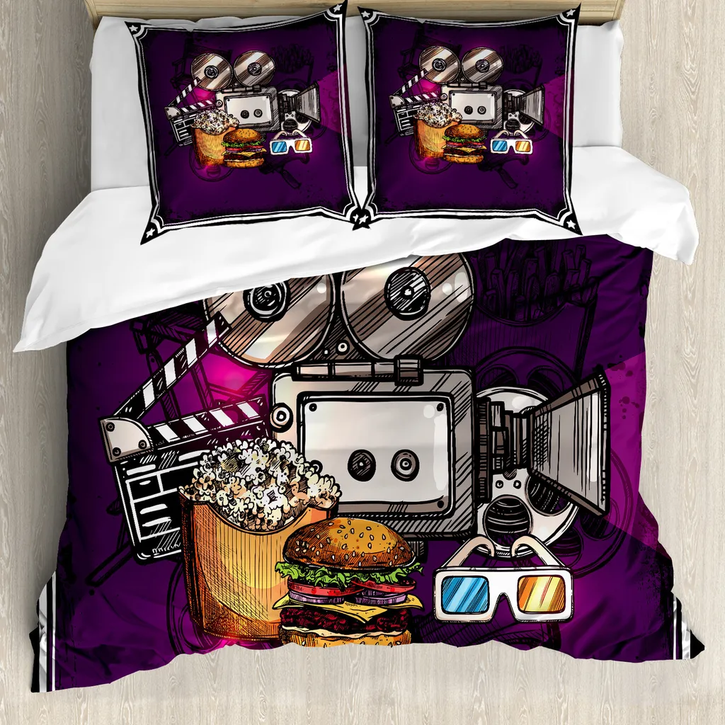 Parure de lit 2 pièces motif Cinéma Popcorn 155x220 cm en Violet Terre