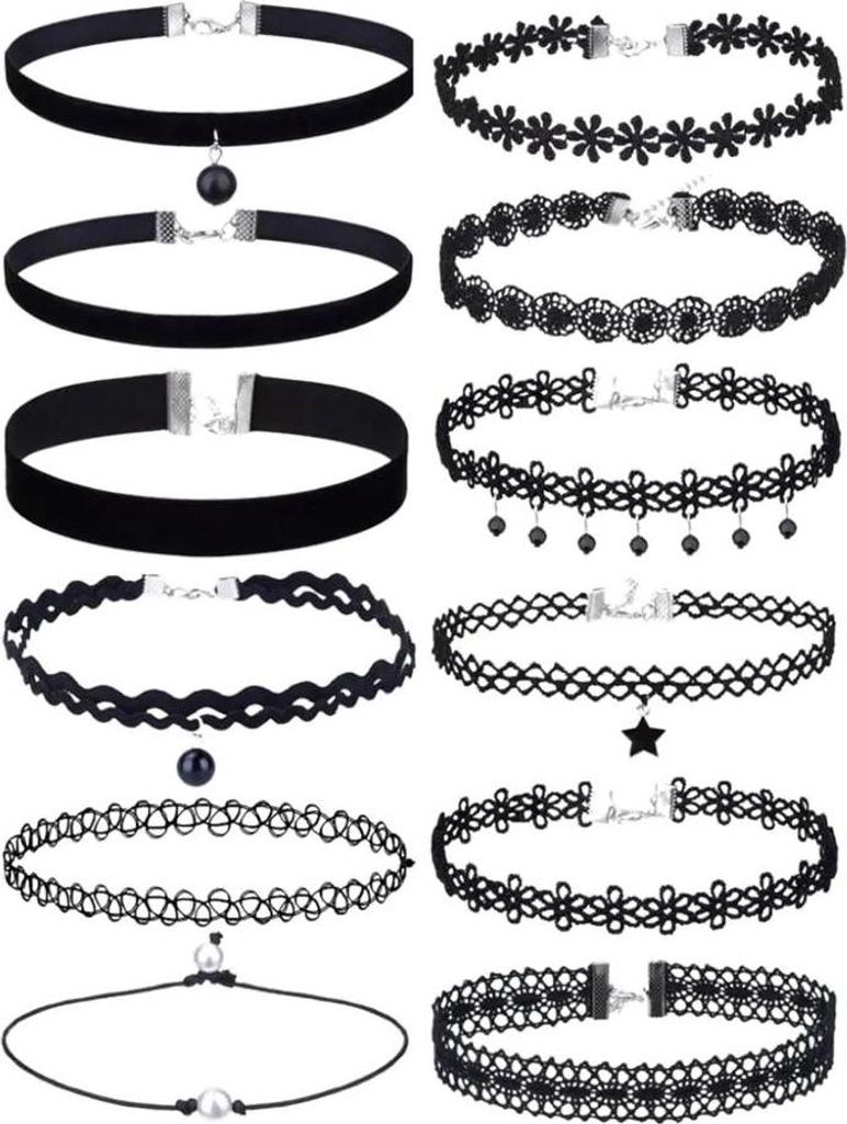 Sada 12 Krajkových Náhrdelníků Choker v Černé Barvě s Obrázek produktu 
