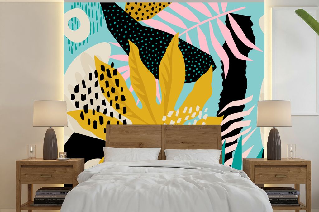 MuchoWow Fototapete für Wohnzimmer oder Schlafzimmer Wandtapete Vinyl Motivtapete Blätter - Muster - Farben - Kinder - Mädchen - Kinder - 280x...