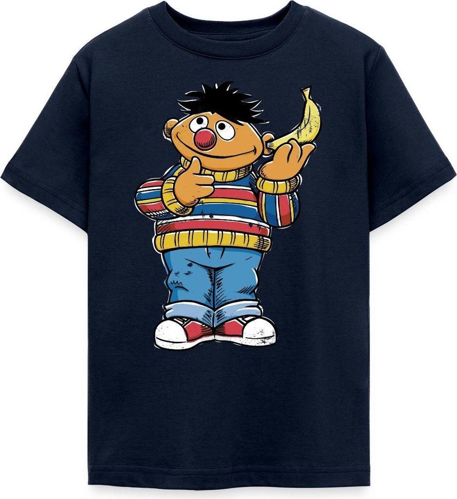 Spreadshirt Sesamstraße Ernie Mit Banane Pose Lustig Used Look Teenager T-Shirt, 152/164 (12-14 Jahre), Navy
