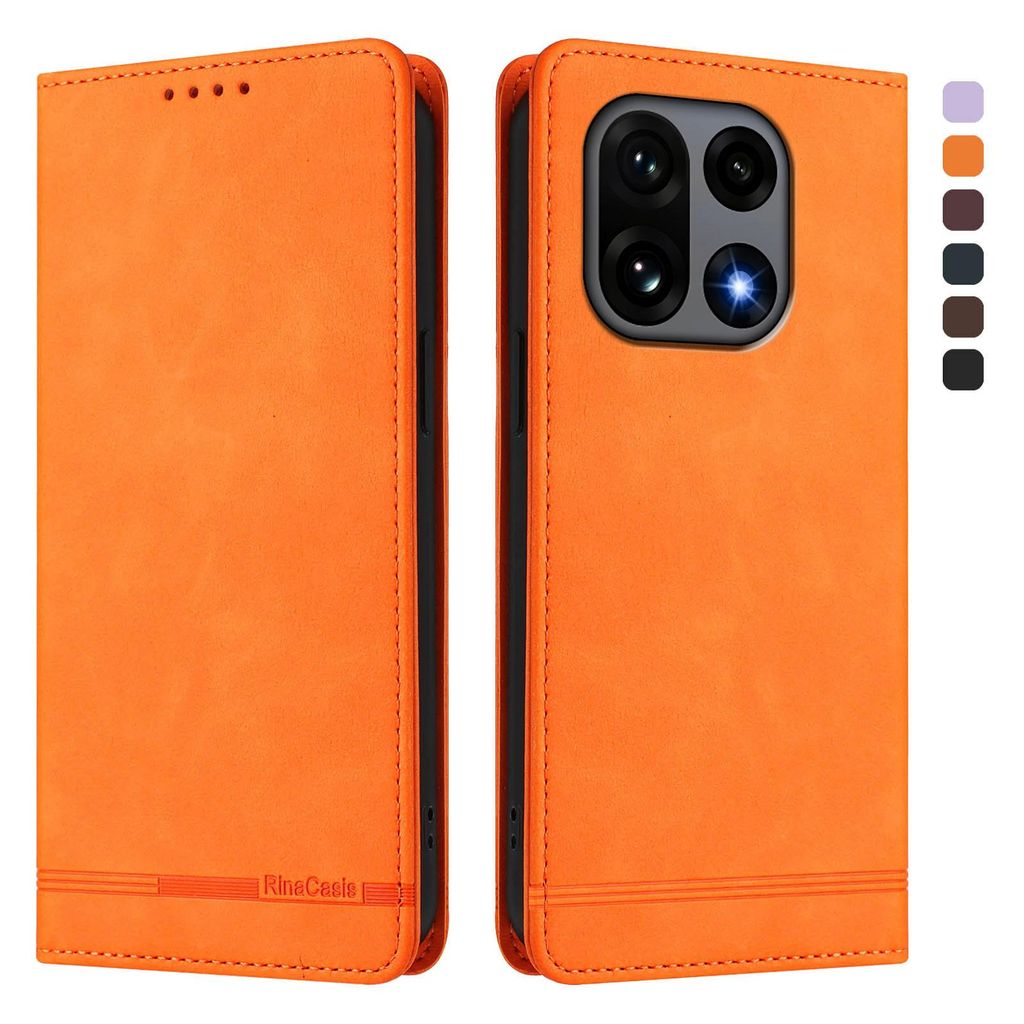 Hülle für OnePlus 15, Retro Kunstleder Ständer Klapphülle mit Kartenfächer und Magnetische Orange