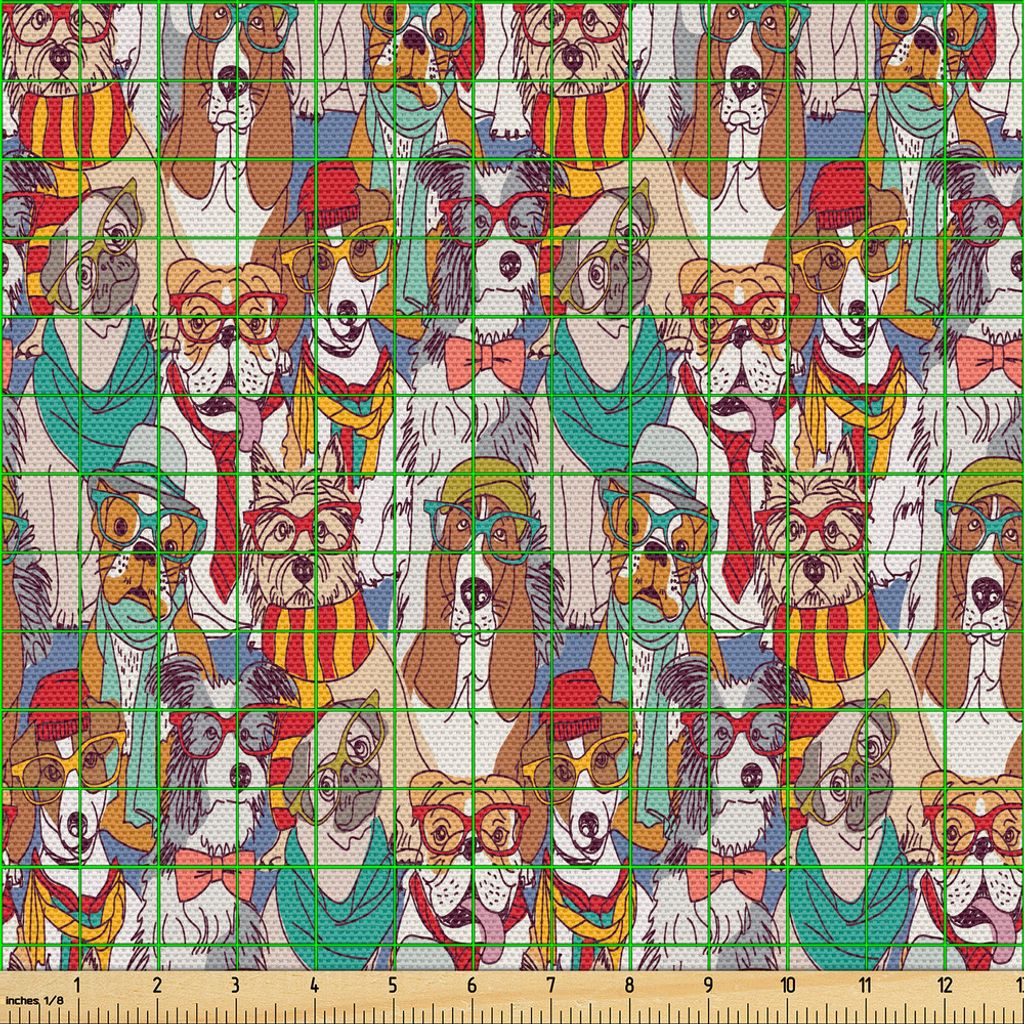 ABAKUHAUS Hund Gewebe als Meterware, Hipster Bulldog Schnauzer Pug Rassen mit Brille Hüte Schal Muster bunte Cartoon, 1 M (148 x 100 cm), Mehrfarbig