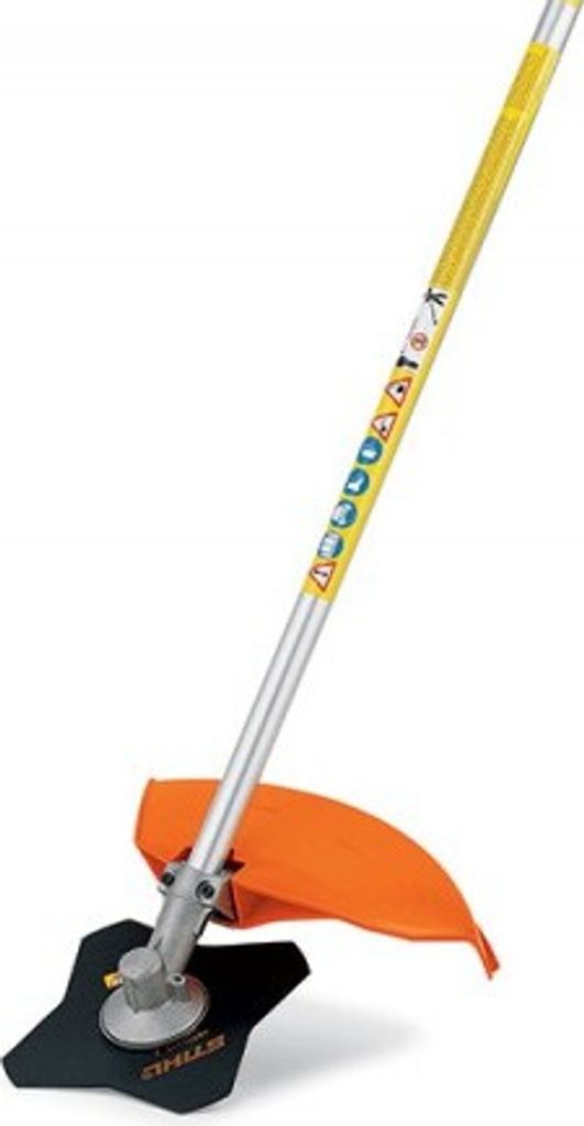 A Stihl string trimmer with a grass cutting blade.