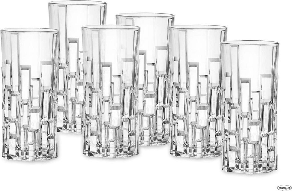 A set of six clear, tall glasses with a decorative geometric pattern on the lower half, arranged on a white background.