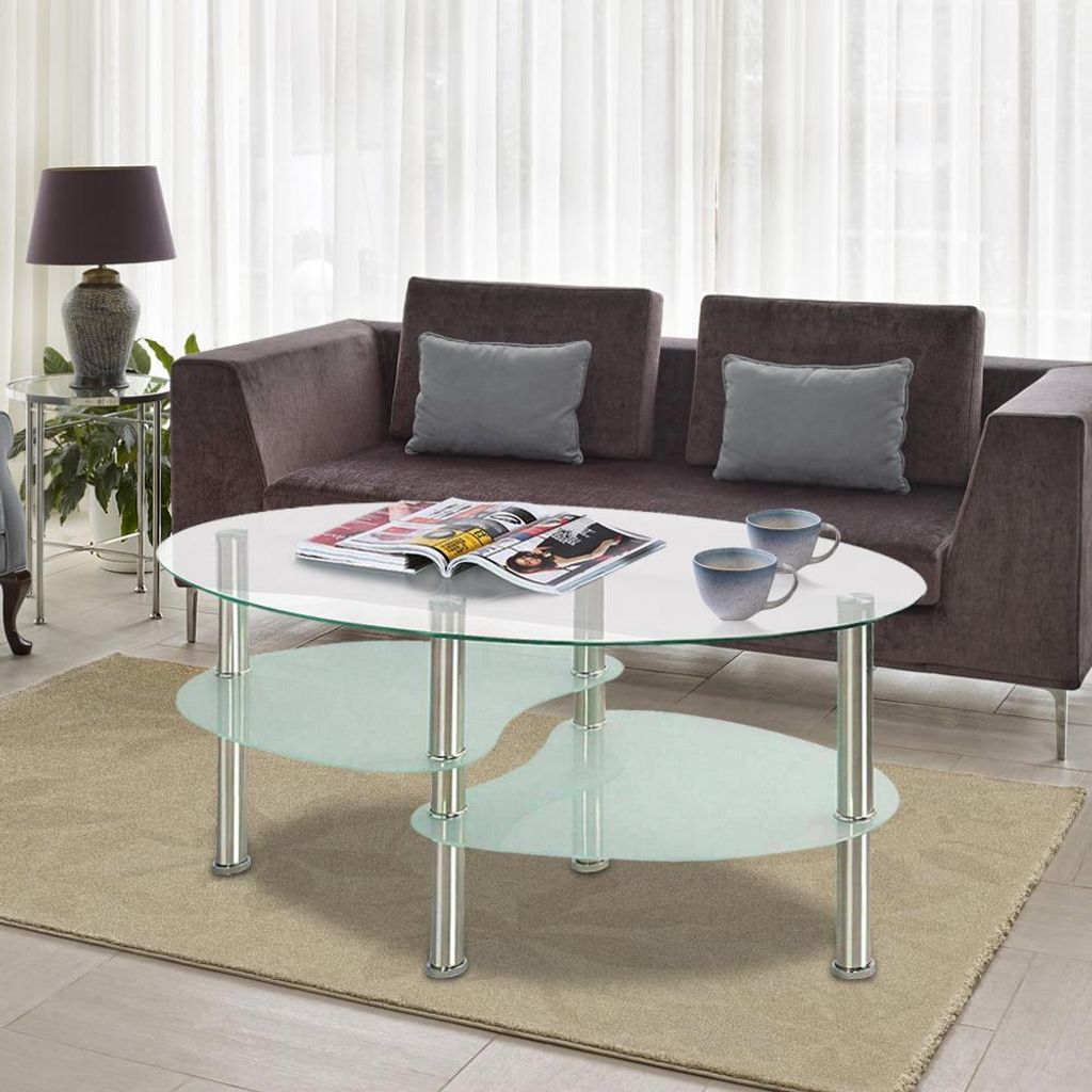 Oval Couchtisch aus Glas mit 2 Ebenen,Beistelltisch mit Produktbild 