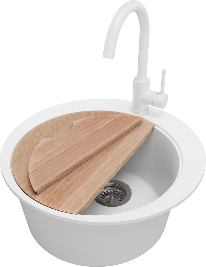 PRIMAGRAN Granitspüle Weiß 50x50cm, Spülbecken Rund 1 Becken + Küchenarmatur 32x20cm + Ablauf-Set + Schneidebrett, Küchenspüle ab 45er Unters...