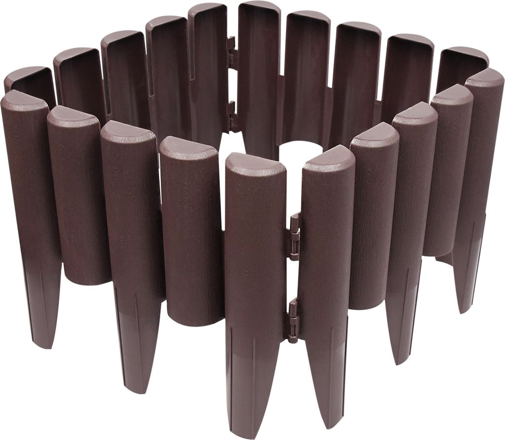A brown plastic garden border fence arranged in a circle on a white background.