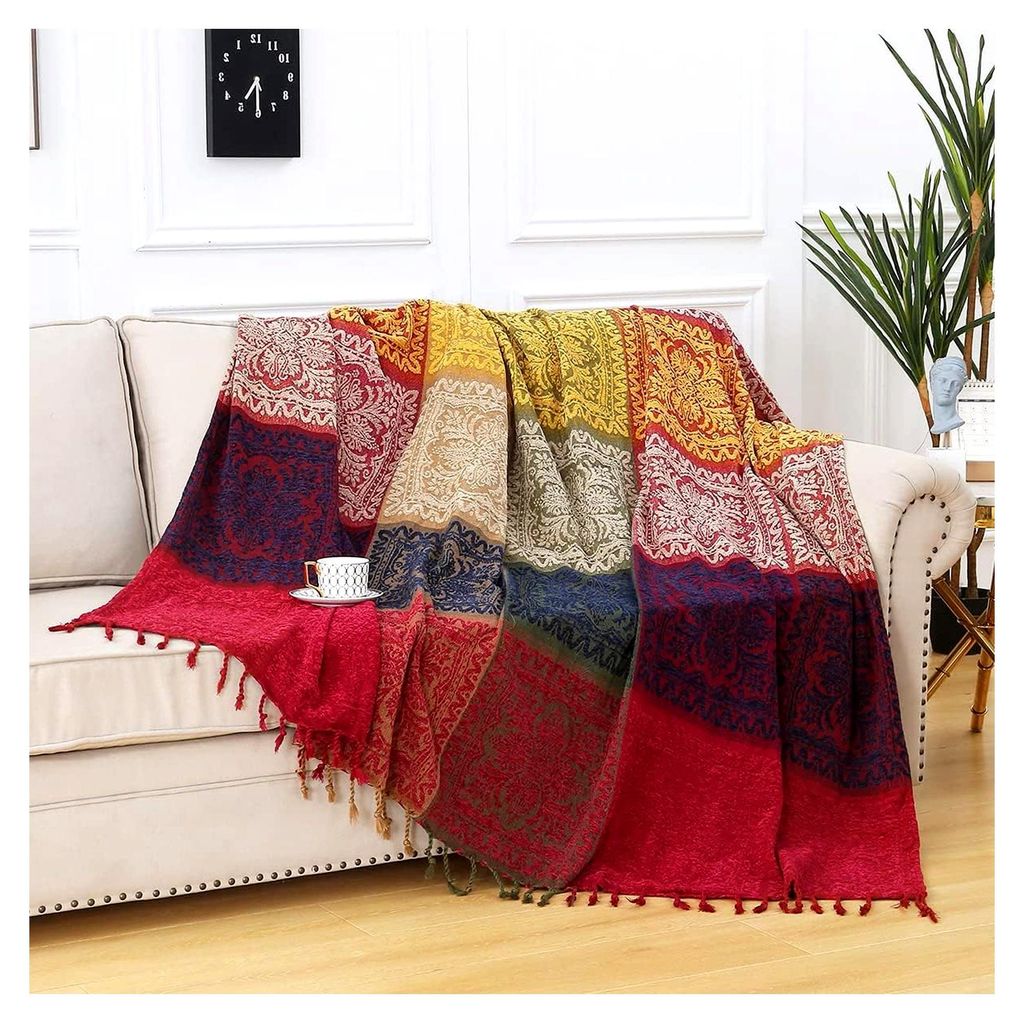 Große Sofa-Überwurfdecke mit Quasten, 100 % Chenille, multifunktional, weich, Überwurf für Couch, Teppich und Bett, 220 x 260 cm, Rot