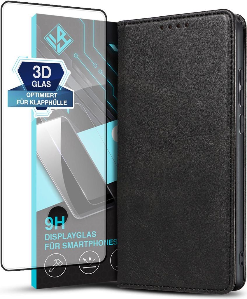 Handyhülle für Samsung Galaxy S22 Ultra mit 9H Displayglas Kunstleder Flip Cover Hülle Handytasche Case Kartenfach Farbe: Schwarz