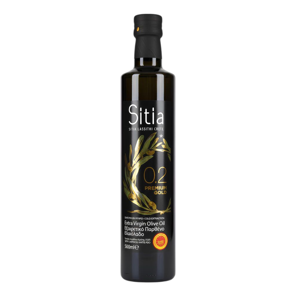 Sitia Premium Gold 0,2 % Olivenöl Glasflasche auf weißem Grund
