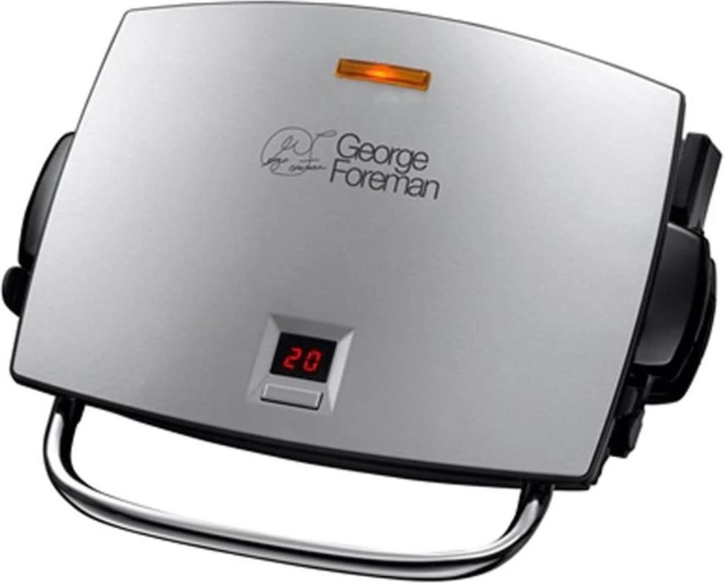A George Foreman grill is shown from a slightly elevated front-facing angle against a white background.