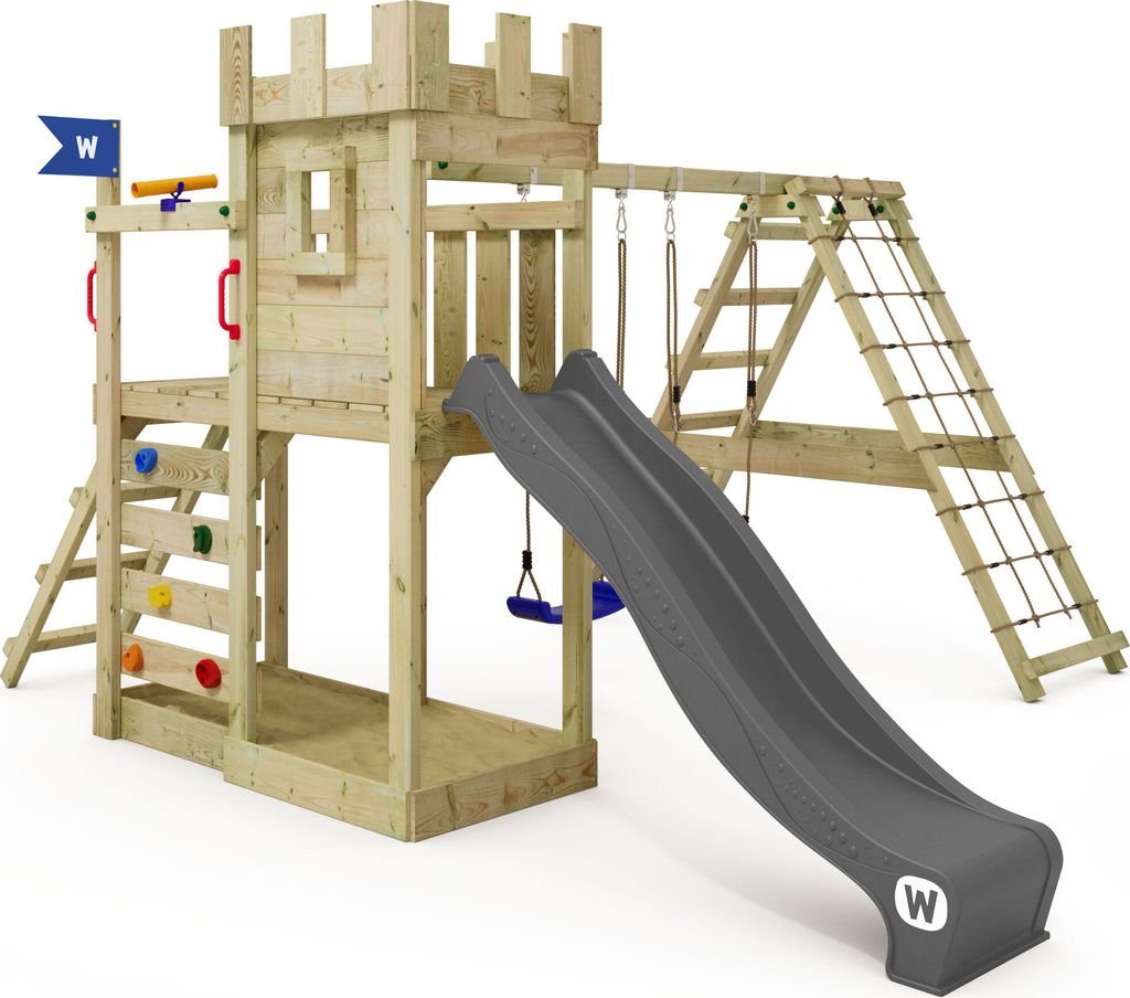 WICKEY Spielturm GateFlyer mit Kletteranbau, Doppelschaukel und Rutsche – anthrazit