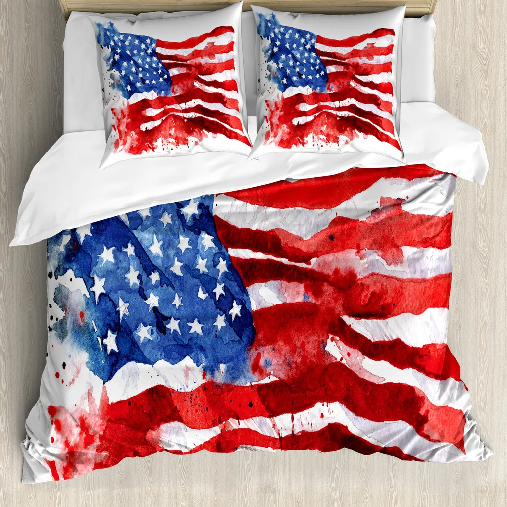 ABAKUHAUS Copripiumino con bandiera americana, graffiti digitali, antiacaro, adatto a chi soffre di allergie, con federe, 155 cm x 220 cm - 80 x 80 cm, rosso blu