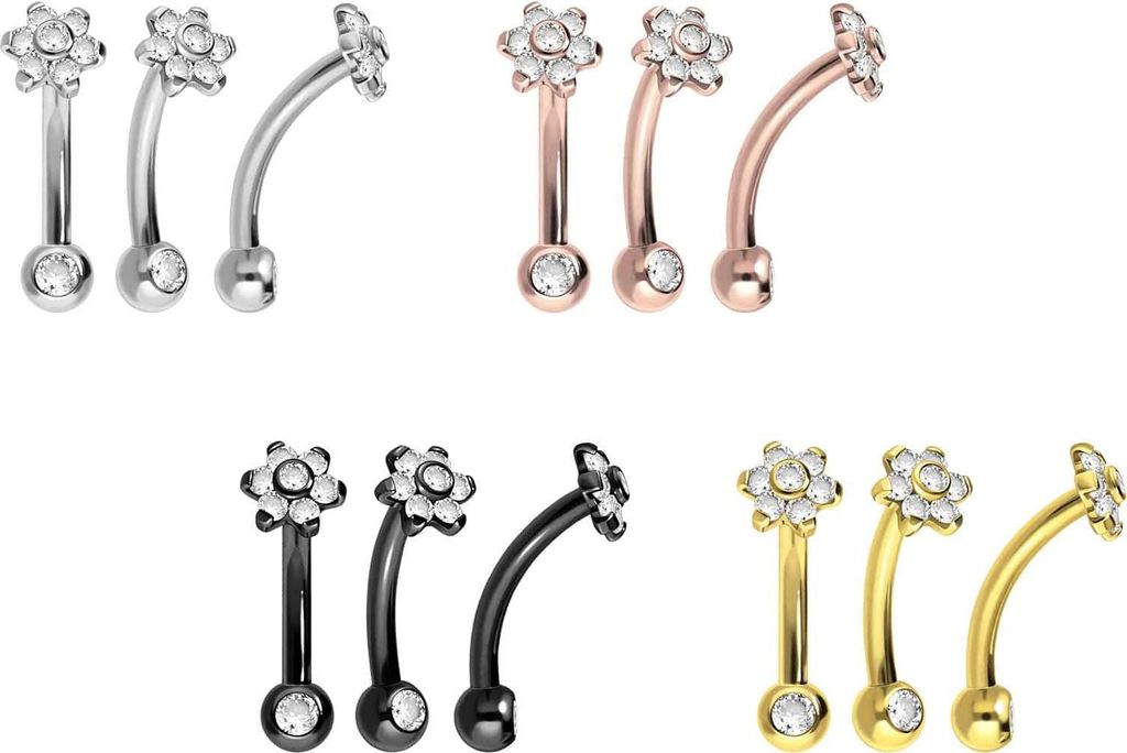 Bauchnabel-Piercing, Rook Piercing Titan Banane mit Push Fit BLUME MIT 7 KRISTALLEN + KRISTALLKUGEL Silber Stablänge: 8mm | Discgröße: 4mm