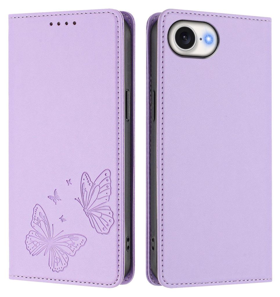 Lederhülle für iPhone 16E, Schmetterling Prägung Leder Brieftasche Schutzhülle mit Ständer Violett