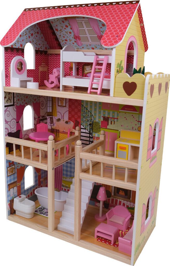 Banditen & Engel Puppenhaus aus Holz, rosa, ab 3 Jahren, 90 cm hoch – inklusive 16 Möbelstücken – mit Sound – Puppenhaus – Puppenspielzeug