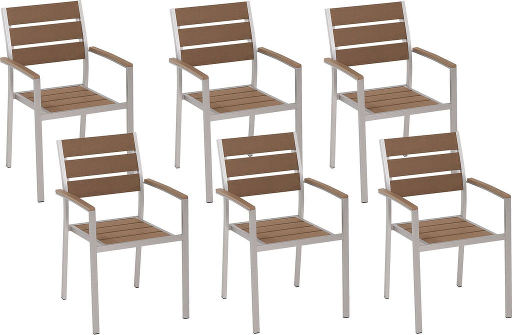 BELIANI Gartenstuhl 6er Set Hellbraun Kunstholz Holzoptik Aluminiumgestell mit Armlehnen stapelbar Modern Outdoor Indoor Esszimmer Terrasse Balkon