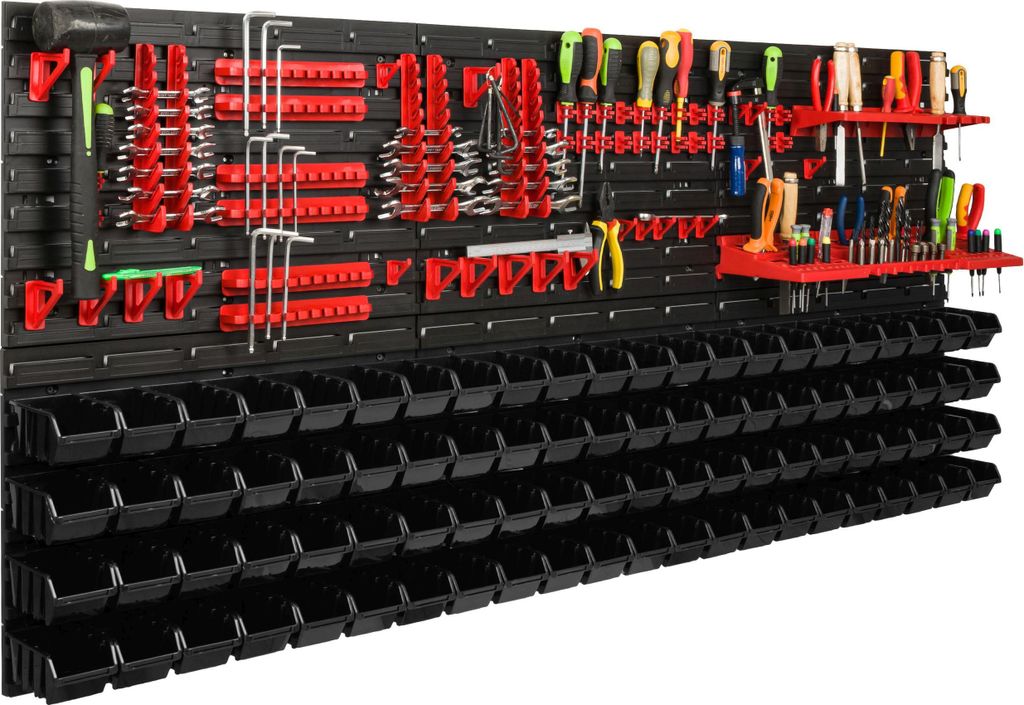 Lagersystem Werkstattregal | 172 x 78 cm | 88 stck. Box | Wandregal mit Werkzeughalterungen und Stapelboxen - Wandplatten Extra Starke Schüttenreg...