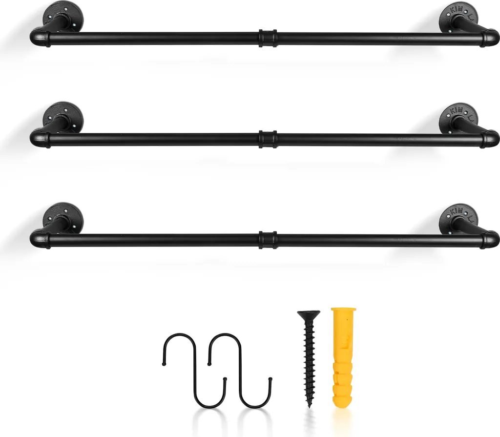 Jopassy Set 3 Barre Appendiabiti Muro 92cm - Stile Industriale Nero
