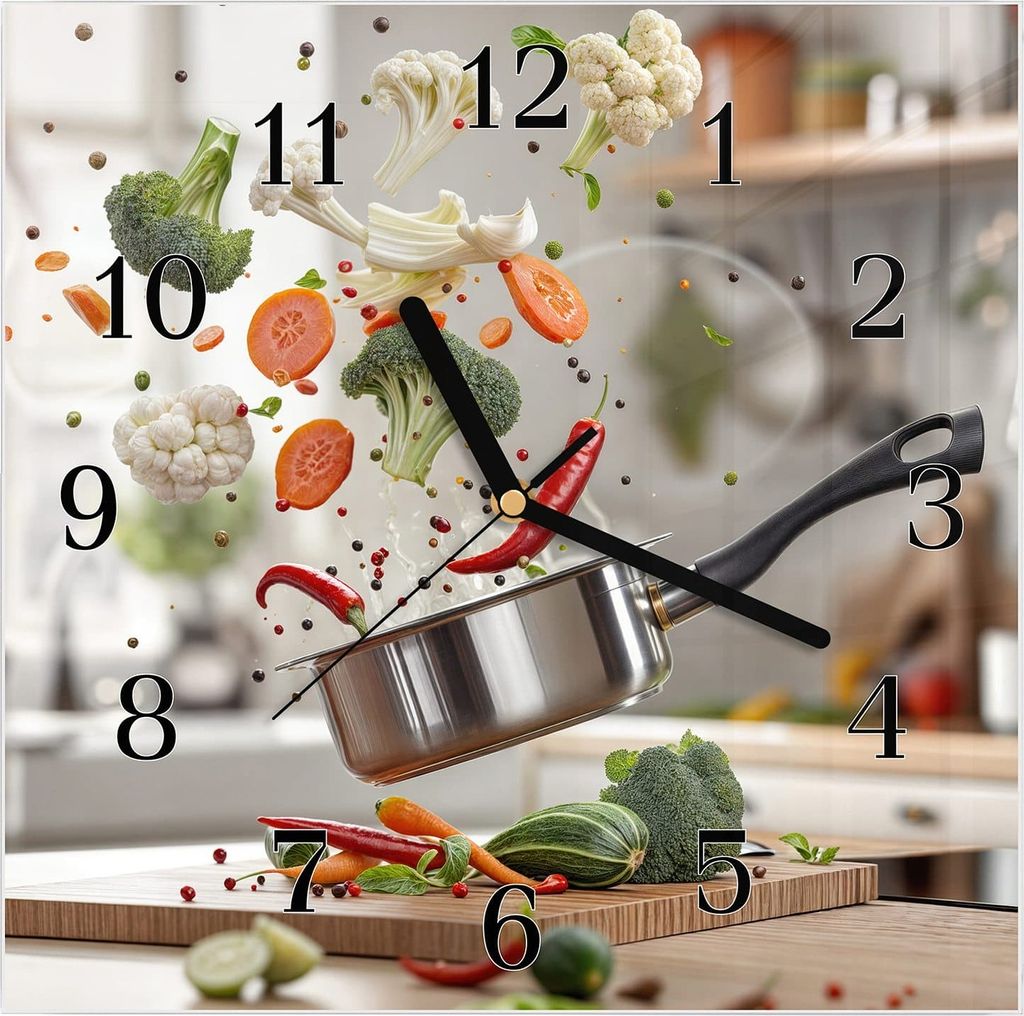 Wanduhr aus Glas mit Motiv Kochen Mit Gemüse- 30 x 30 cm - inkl. Aufhängesystem