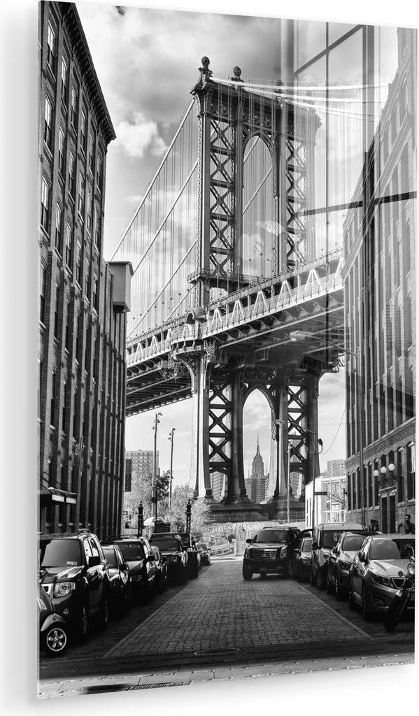 MuchoWow Glasbilder - Bilder auf Wandbild - Foto auf Glas Straße - Brücke - Amerika - Schwarz und weiß 80x120 cm Wanddekoration aus Glas - Acryl...