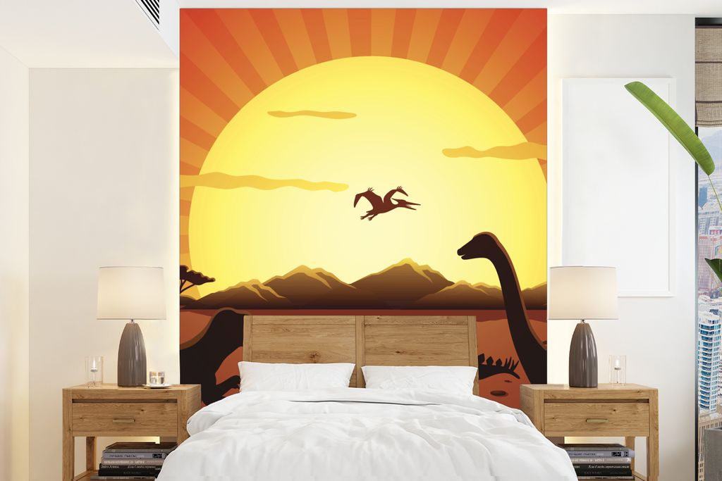 MuchoWow Fototapete für Wohnzimmer oder Schlafzimmer Wandtapete Vinyl Motivtapete Dino - Sonne - Natur - Zeichnung - Kinder - Jungen - 190x260 c...