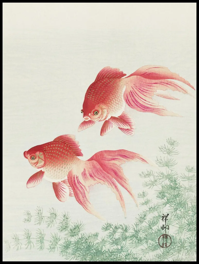 Poster Koson Giapponese Two Veil Goldfish 75x100cm per Salotto