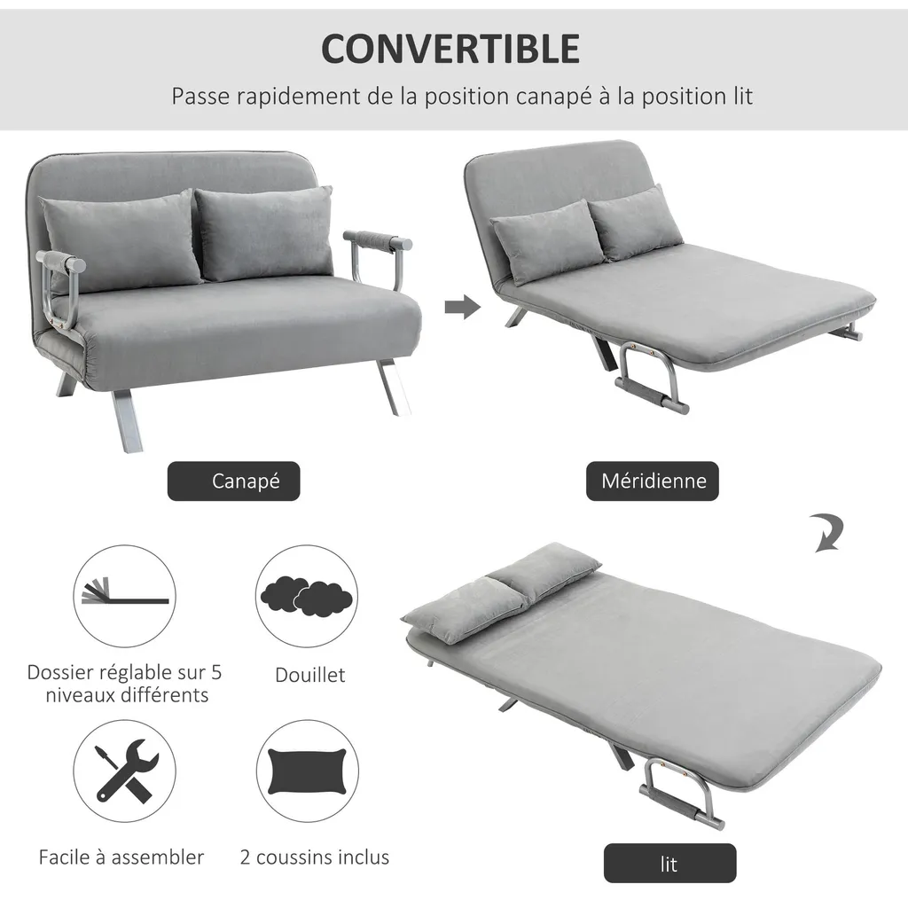 Fauteuil convertible 2 places avec dossier réglable gris clair - 6