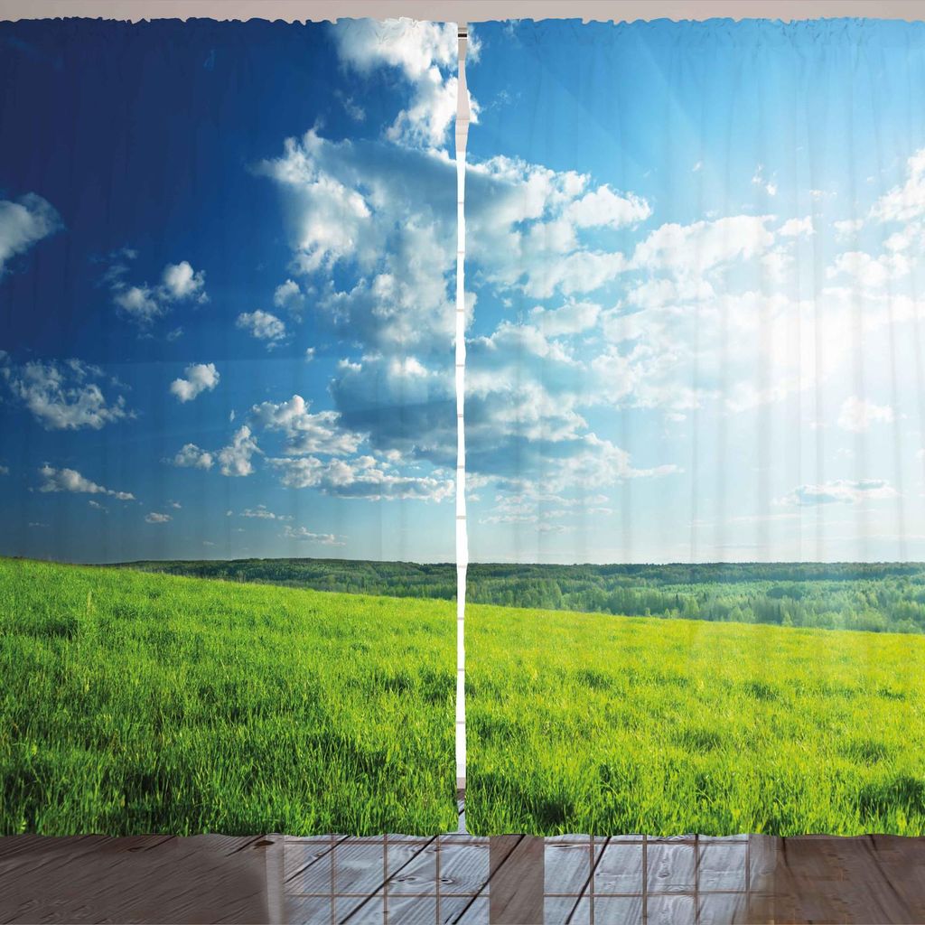 ARANDE Natur Gardine, Bewölkter Himmel Frühling im Grünen Ländliche Gegend Foto, 280 x 175 cm, Lindgrün Hellblau