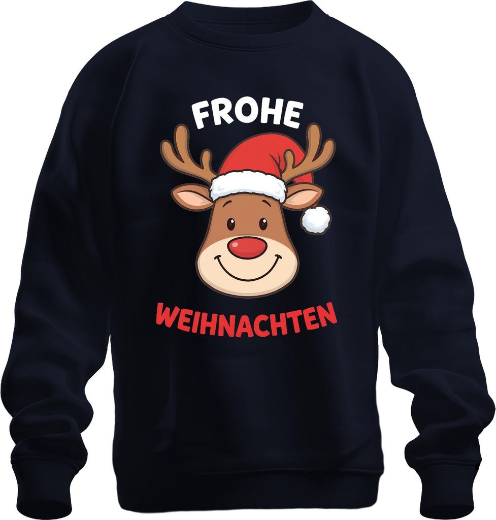 FROHE WEIHNACHTEN Rentier Weihnachtsmütze Cartoon Lustig Kinder Uni Sweatshirt Pullover, Navy, L