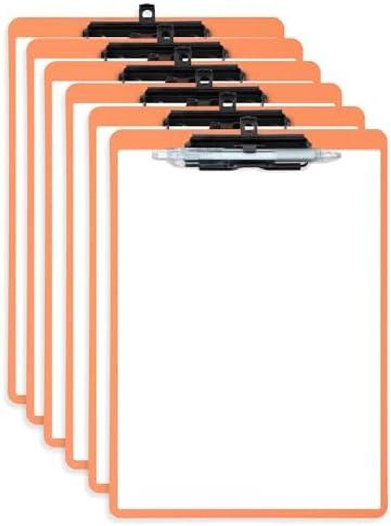 Klemmbrett A4, 6er Klemmbretter mit Stifthalter, Kunststoff Klemmmappe A4, Clipboard zum Aufhängen, Schreibblock für Student und Bürobedarf, Orange