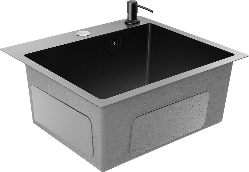 Küchenspülbecken Set - Einzelbecken rechteckig - 40×45×20 cm - Edelstahl - Ohne Armatur - 1 Loch - Mit Ablaufkorb & Seifenspender - Schwarz-Grau