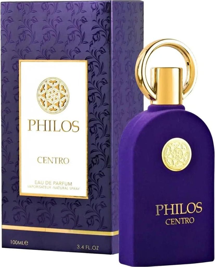 A bottle of Maison Alhambra Philos Centro Eau de Parfum and its packaging.