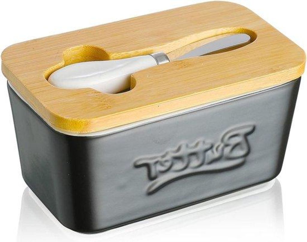 Porzellanische Butterdose mit Buttermesse und Holzdeckel - luftdichter Butterbehälter für die Arbeitsplatte - Hauskeukendekoration - großer Butt...