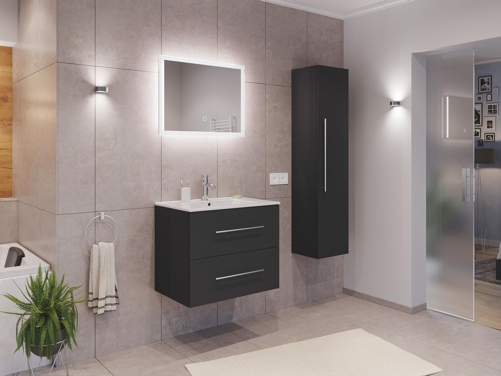 Badmöbel Set Firenze 70 3tlg. LED Spiegel und Hochschrank grafit : Grafit Varianten: Grafit
