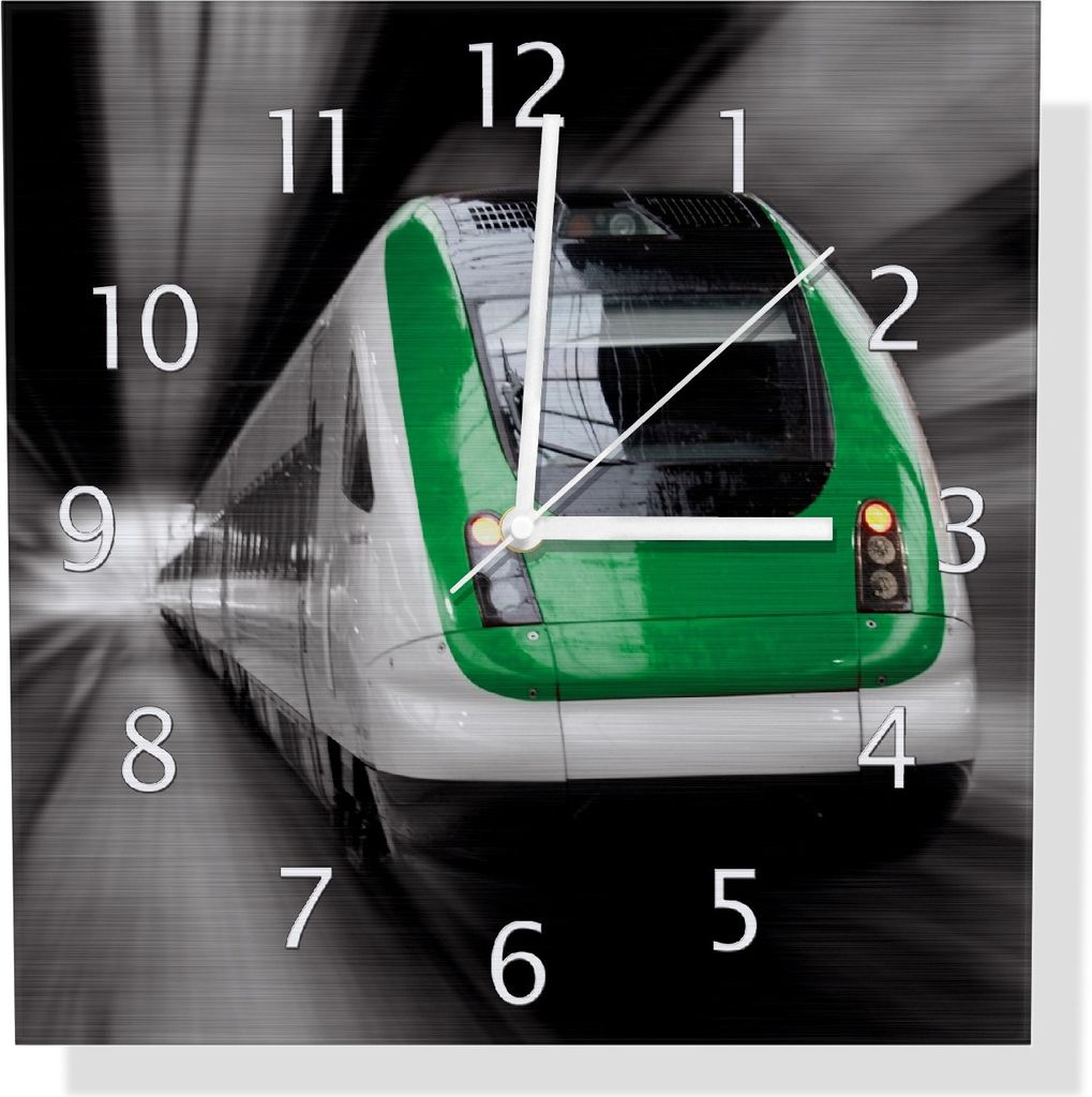 Wallario Design Wanduhr Fahrender Zug von vorn in grün - Perspektive von vorn aus Aluverbund, Größe 30 x 30 cm
