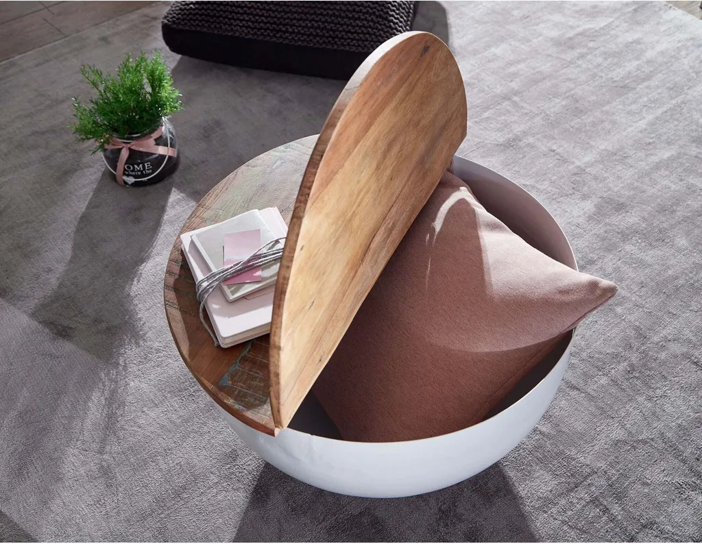 Table basse de salon ronde en bois bicolore avec coffre de rangement