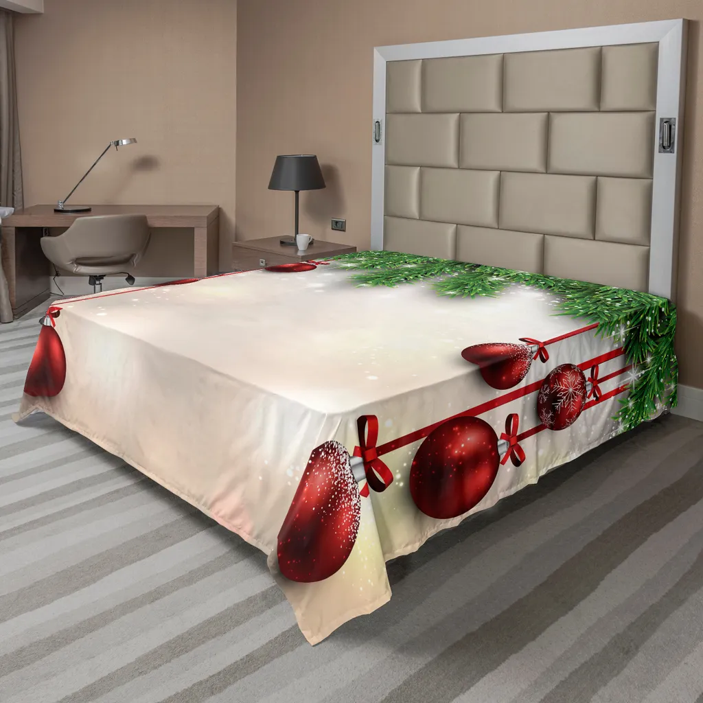 ABAKUHAUS Lenzuolo natalizio, tema tradizionale invernale con rami di abete e palline di Natale, stampa grafica, lenzuolo morbido e confortevole per un letto decorativo, 1 pezzo 260 cm x 228 cm, verde e rosso